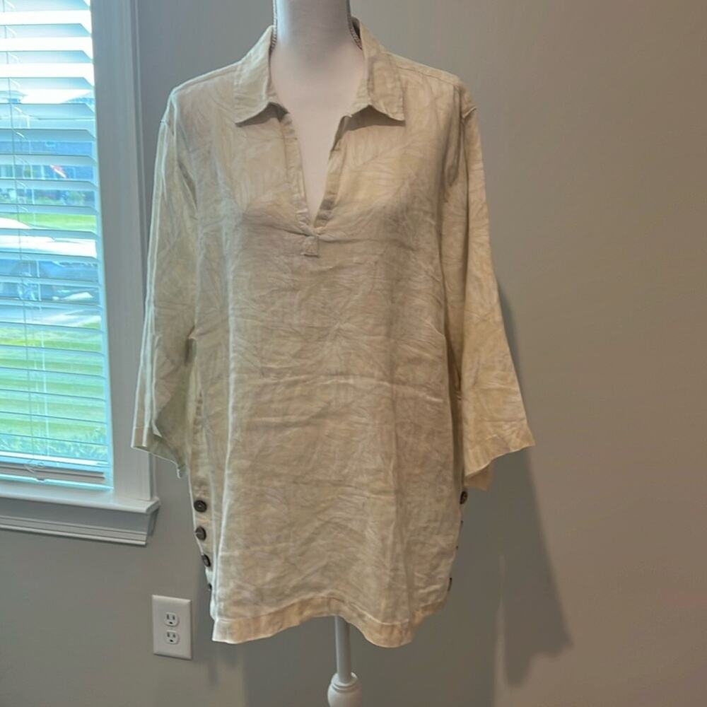 NEW Tahari 100% Linen Machine Washable My Perfect Shape Top Blouse Neutral 2X‎